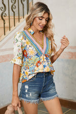 Load image into Gallery viewer, Multicolour Half Sleeve Boho Floral Pop of Color Neckline Blouse - Telah&#39;s Boutique
