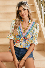 Load image into Gallery viewer, Multicolour Half Sleeve Boho Floral Pop of Color Neckline Blouse - Telah&#39;s Boutique
