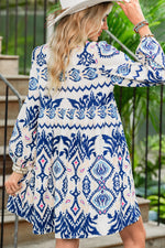 Load image into Gallery viewer, Blue Ethnic Print Pop of Color Neckline Long Sleeve Dress - Telah&#39;s Boutique
