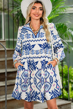 Load image into Gallery viewer, Blue Ethnic Print Pop of Color Neckline Long Sleeve Dress - Telah&#39;s Boutique
