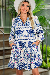 Blue Ethnic Print Pop of Color Neckline Long Sleeve Dress - Telah's Boutique