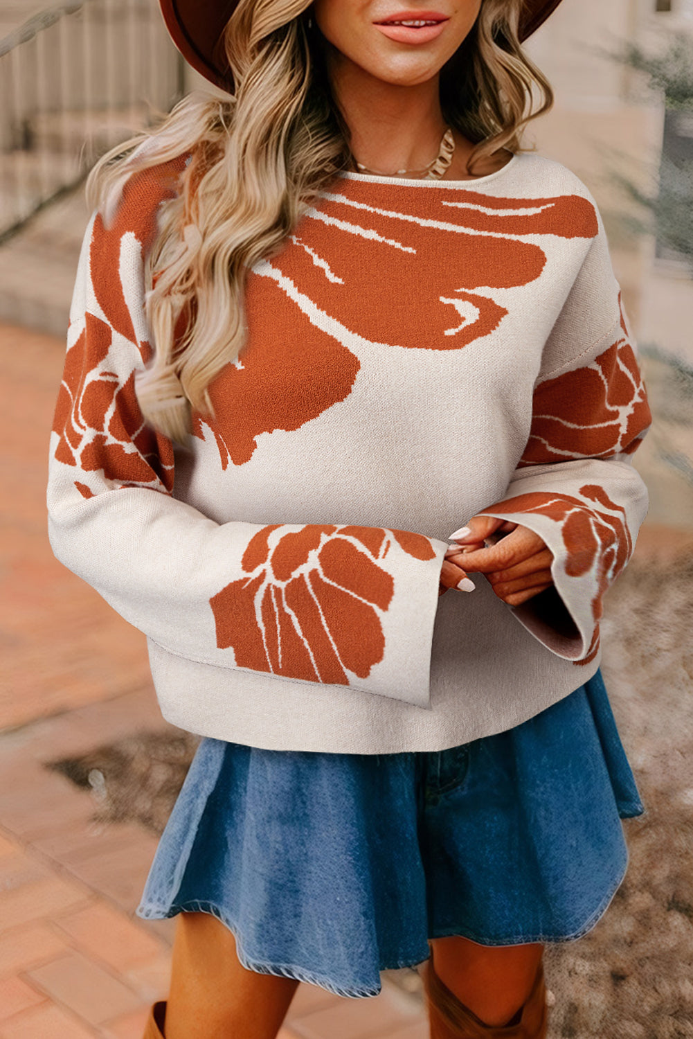 Beige Flower Pattern Drop Sleeve Baggy Sweater - Telah's Boutique