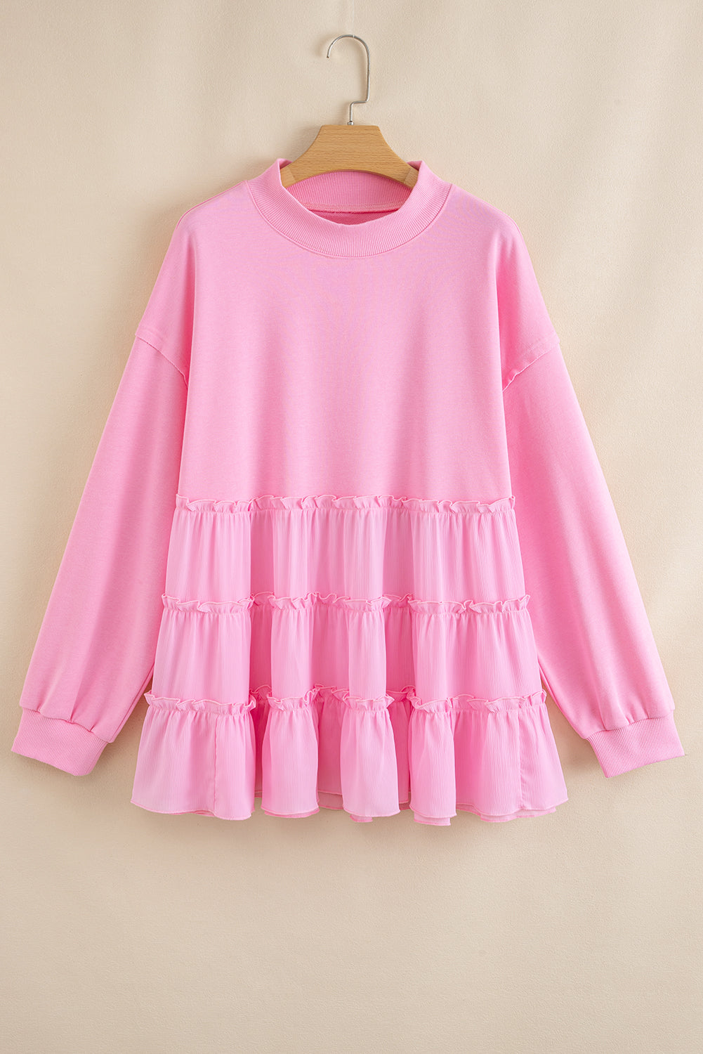 Pink Frill Tiered Patchwork Ribbed Trim Flowy Plus Size Top - Telah's Boutique
