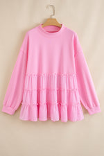 Load image into Gallery viewer, Pink Frill Tiered Patchwork Ribbed Trim Flowy Plus Size Top - Telah&#39;s Boutique
