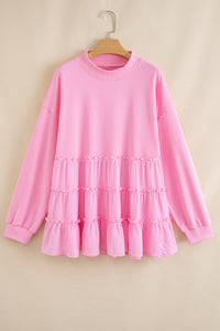 Pink Frill Tiered Patchwork Ribbed Trim Flowy Plus Size Top - Telah's Boutique