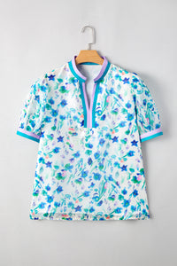 Green Floral Print Pop of Color Split Neck Puff Sleeve Plus Size Blouse - Telah's Boutique