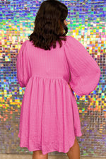Load image into Gallery viewer, Sachet Pink Plus Size Textured Tie Split Neck Puff Sleeve Flowy Mini Dress - Telah&#39;s Boutique

