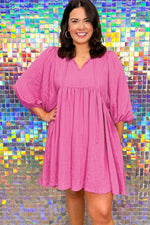 Load image into Gallery viewer, Sachet Pink Plus Size Textured Tie Split Neck Puff Sleeve Flowy Mini Dress - Telah&#39;s Boutique

