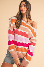 Load image into Gallery viewer, Rose Red Wave Striped Balloon Sleeve Drop Shoulder Sweater - Telah&#39;s Boutique
