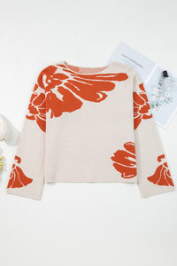 Beige Flower Pattern Drop Sleeve Baggy Sweater - Telah's Boutique