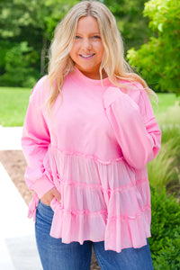 Pink Frill Tiered Patchwork Ribbed Trim Flowy Plus Size Top - Telah's Boutique