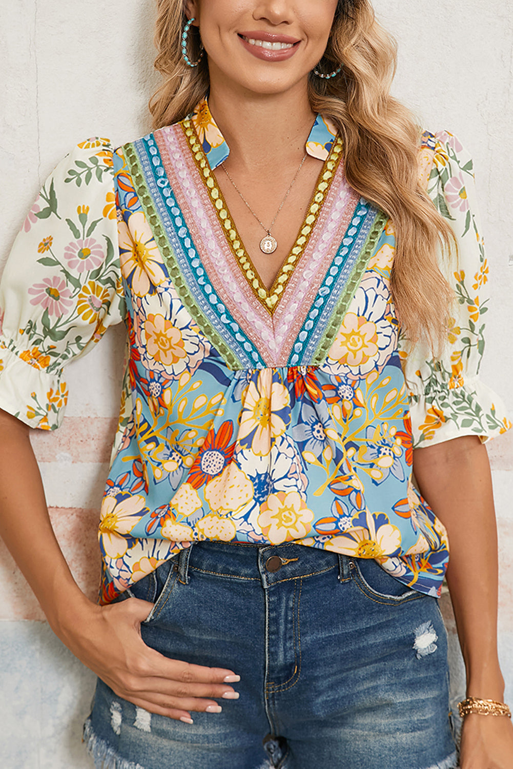 Multicolour Half Sleeve Boho Floral Pop of Color Neckline Blouse - Telah's Boutique