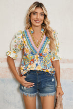 Load image into Gallery viewer, Multicolour Half Sleeve Boho Floral Pop of Color Neckline Blouse - Telah&#39;s Boutique
