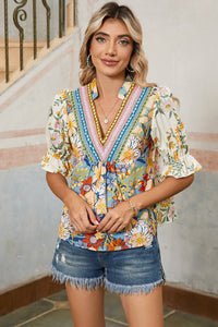 Multicolour Half Sleeve Boho Floral Pop of Color Neckline Blouse - Telah's Boutique