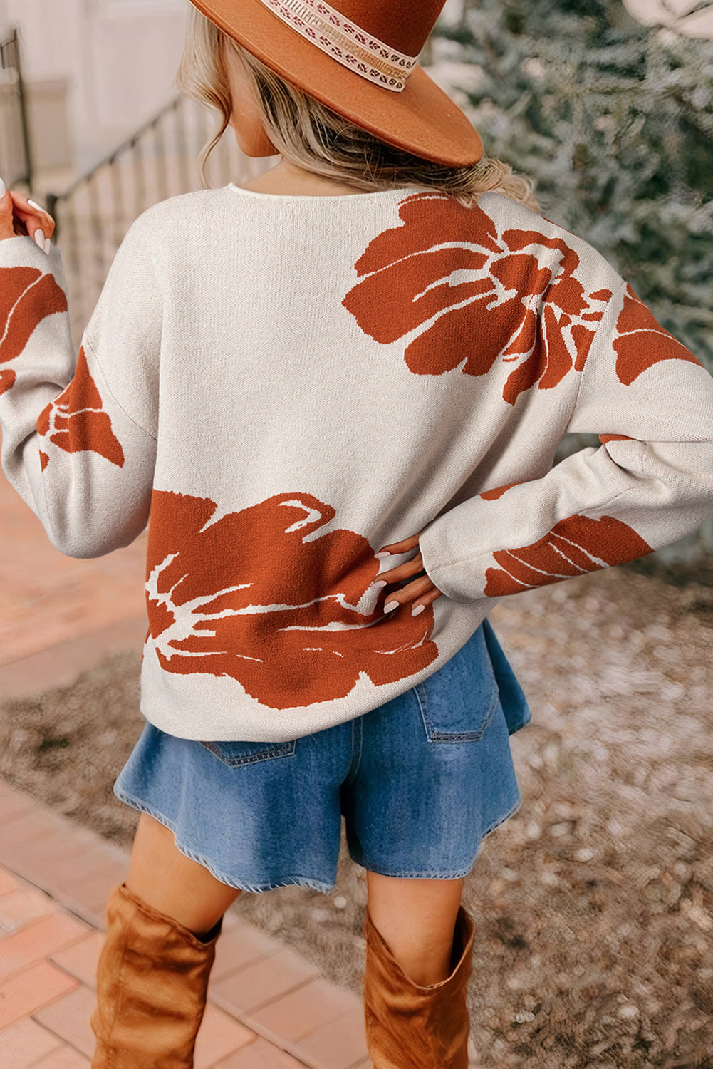 Beige Flower Pattern Drop Sleeve Baggy Sweater - Telah's Boutique