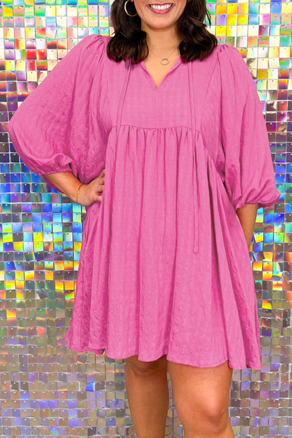 Sachet Pink Plus Size Textured Tie Split Neck Puff Sleeve Flowy Mini Dress - Telah's Boutique