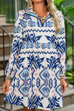 Load image into Gallery viewer, Blue Ethnic Print Pop of Color Neckline Long Sleeve Dress - Telah&#39;s Boutique

