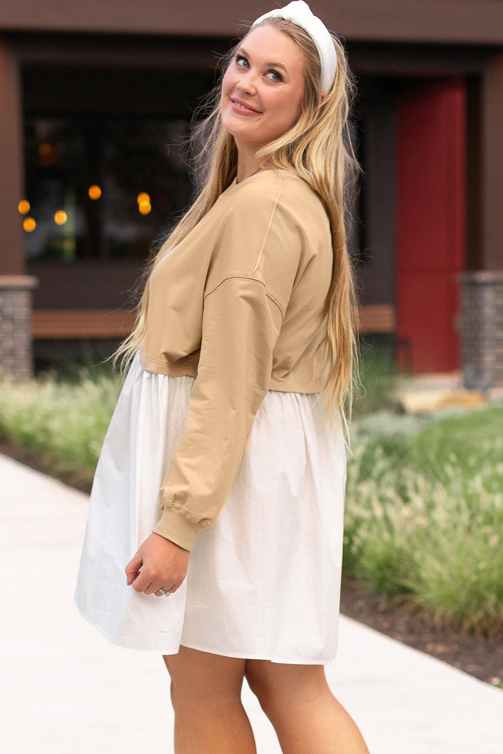 Apricot Color Block Patchwork Plus Size Mini Dress - Telah's Boutique