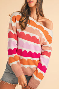 Rose Red Wave Striped Balloon Sleeve Drop Shoulder Sweater - Telah's Boutique