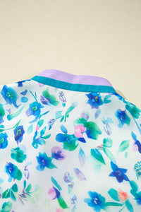 Green Floral Print Pop of Color Split Neck Puff Sleeve Plus Size Blouse - Telah's Boutique
