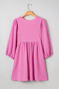 Sachet Pink Plus Size Textured Tie Split Neck Puff Sleeve Flowy Mini Dress - Telah's Boutique