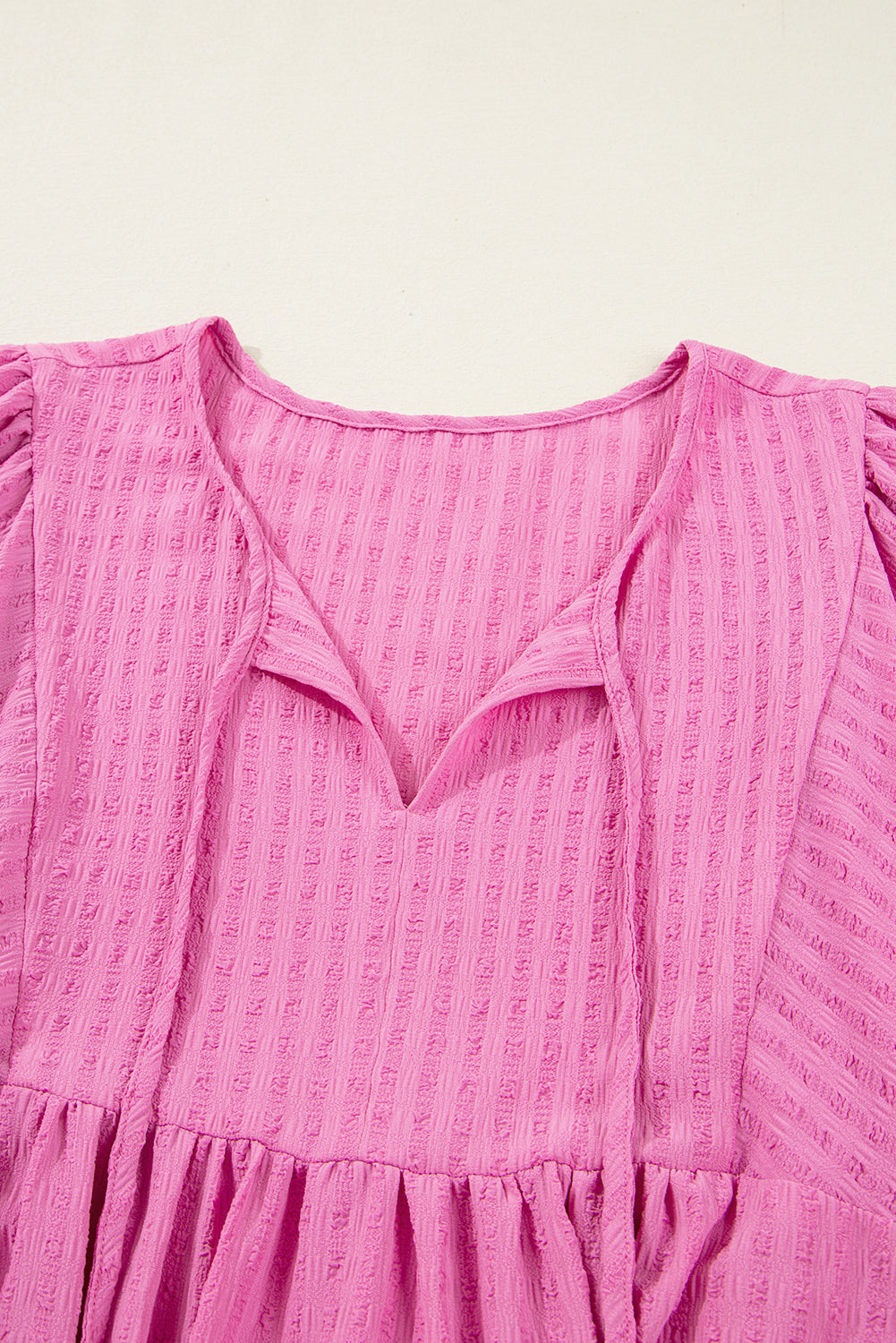 Sachet Pink Plus Size Textured Tie Split Neck Puff Sleeve Flowy Mini Dress - Telah's Boutique