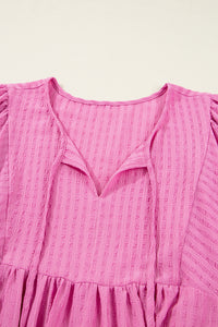 Sachet Pink Plus Size Textured Tie Split Neck Puff Sleeve Flowy Mini Dress - Telah's Boutique