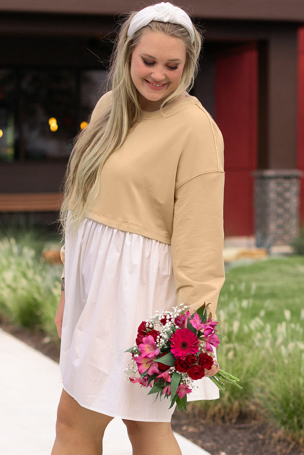 Apricot Color Block Patchwork Plus Size Mini Dress - Telah's Boutique