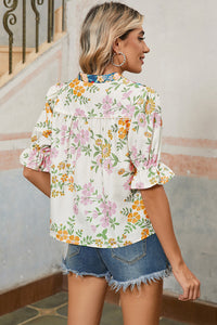 Multicolour Half Sleeve Boho Floral Pop of Color Neckline Blouse - Telah's Boutique