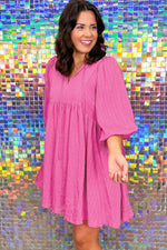 Load image into Gallery viewer, Sachet Pink Plus Size Textured Tie Split Neck Puff Sleeve Flowy Mini Dress - Telah&#39;s Boutique
