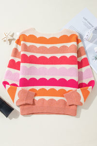 Rose Red Wave Striped Balloon Sleeve Drop Shoulder Sweater - Telah's Boutique
