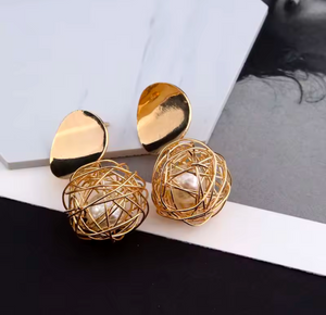 Caged Pearl Drop Earrings (GOLD)