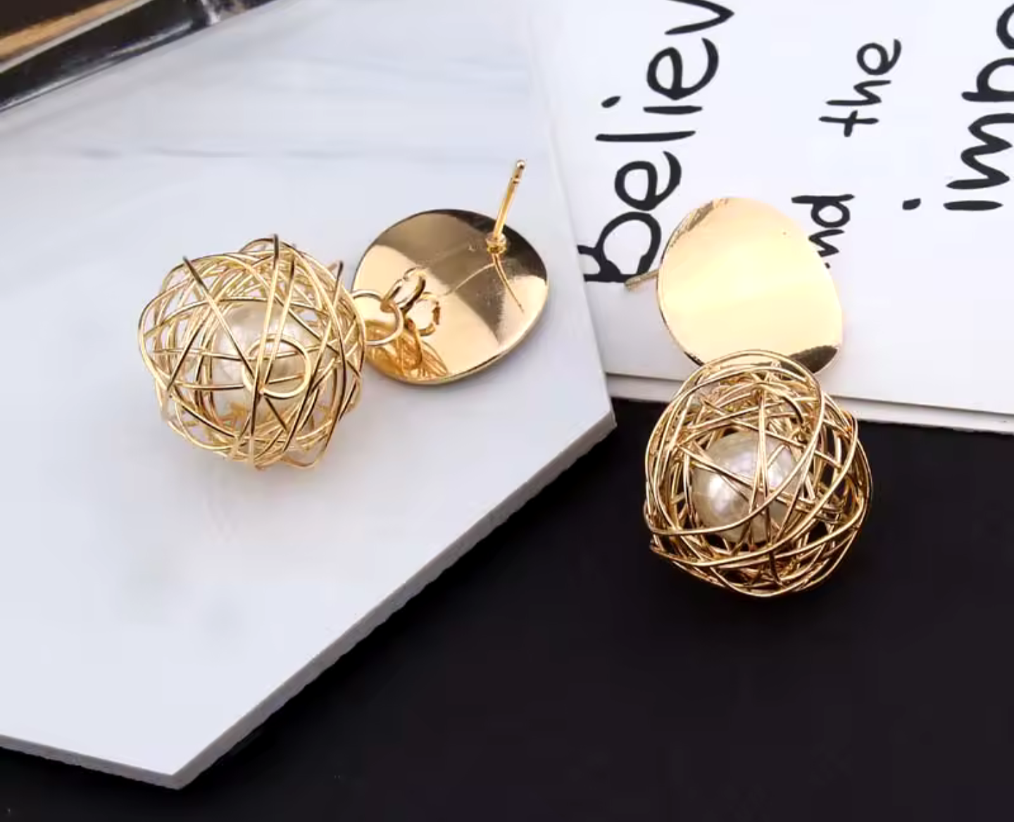 Caged Pearl Drop Earrings (GOLD)