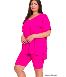 (PLUS) BRUSHED MICROFIBER SHORTS SET/ NEON HOT PINK