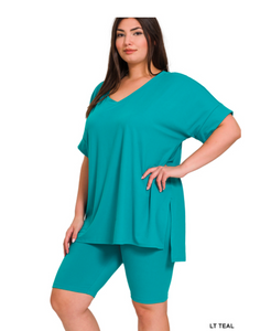 (PLUS) BRUSHED MICROFIBER SHORTS SET/ LT TEAL