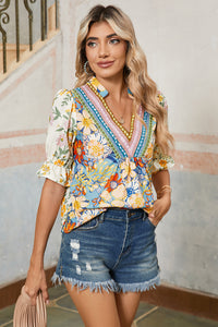 Multicolour Half Sleeve Boho Floral Pop of Color Neckline Blouse - Telah's Boutique