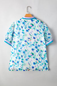 Green Floral Print Pop of Color Split Neck Puff Sleeve Plus Size Blouse - Telah's Boutique