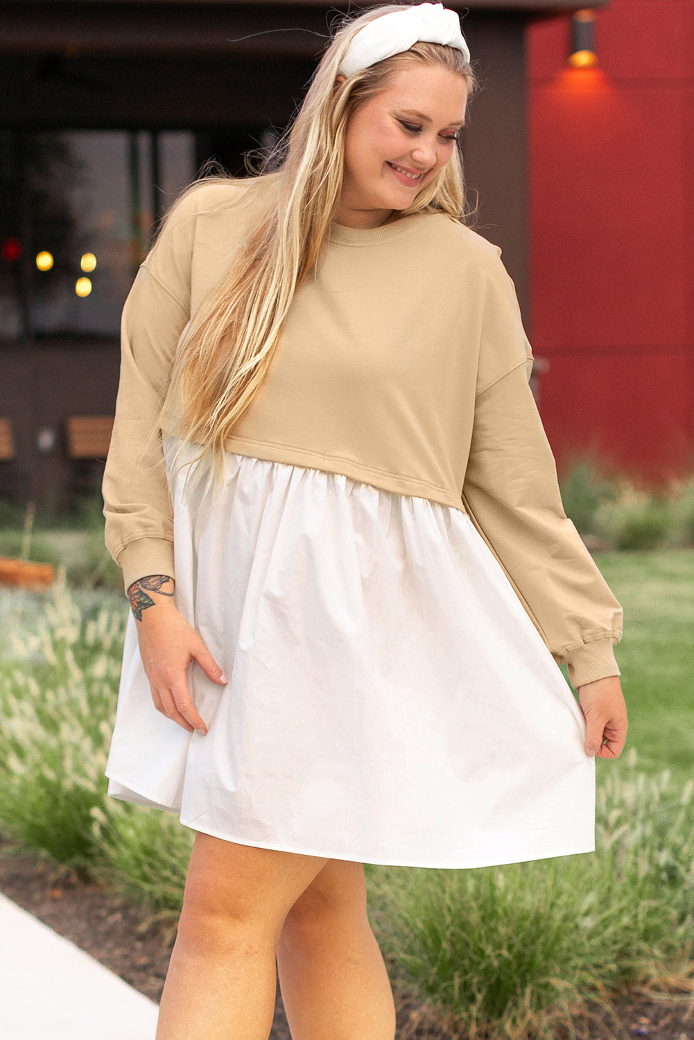 Apricot Color Block Patchwork Plus Size Mini Dress - Telah's Boutique