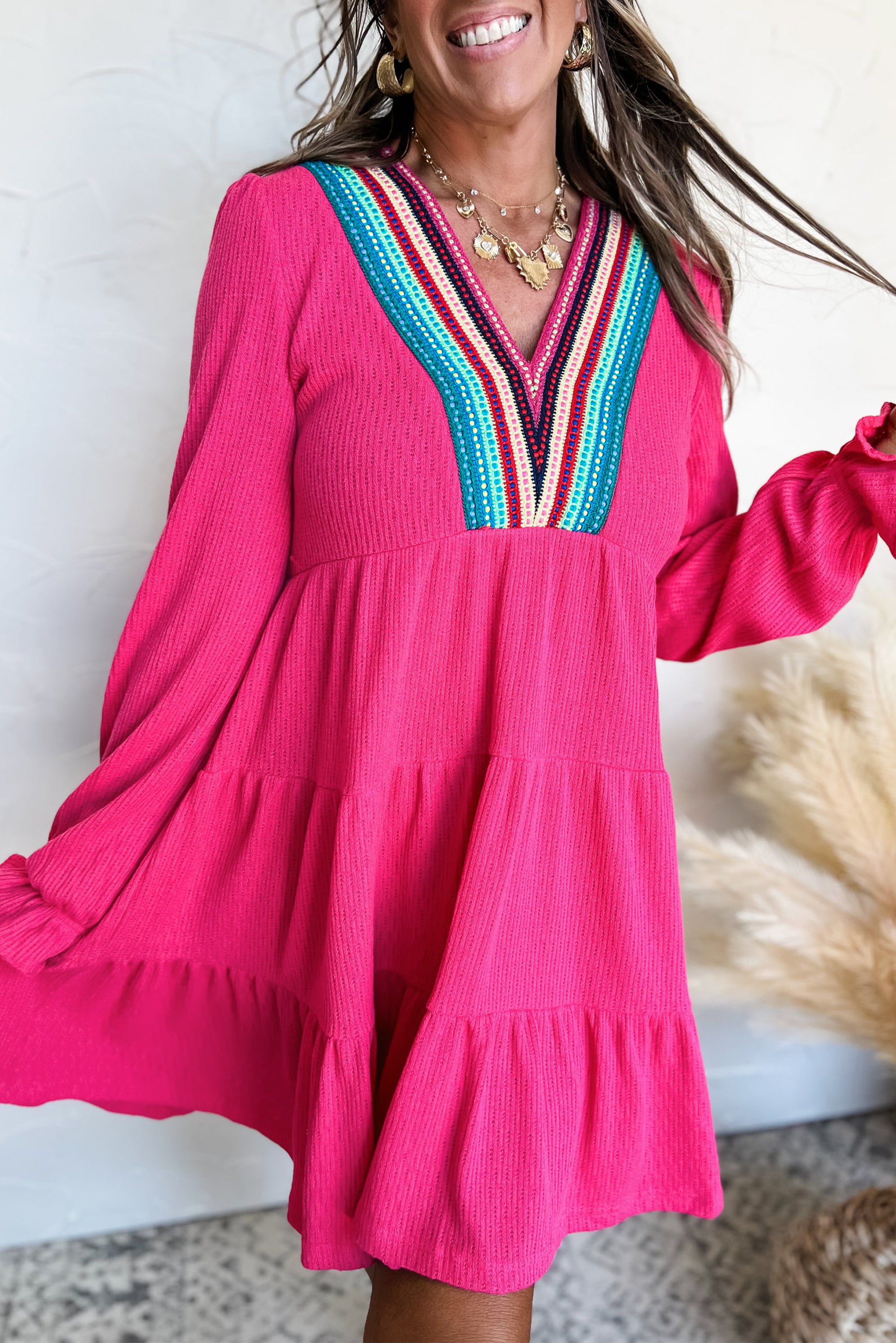 Rose Red Striped Textured Tiered Pop of Color Neckline Dress - Telah's Boutique