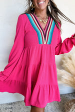 Load image into Gallery viewer, Rose Red Striped Textured Tiered Pop of Color Neckline Dress - Telah&#39;s Boutique
