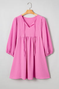 Sachet Pink Plus Size Textured Tie Split Neck Puff Sleeve Flowy Mini Dress - Telah's Boutique