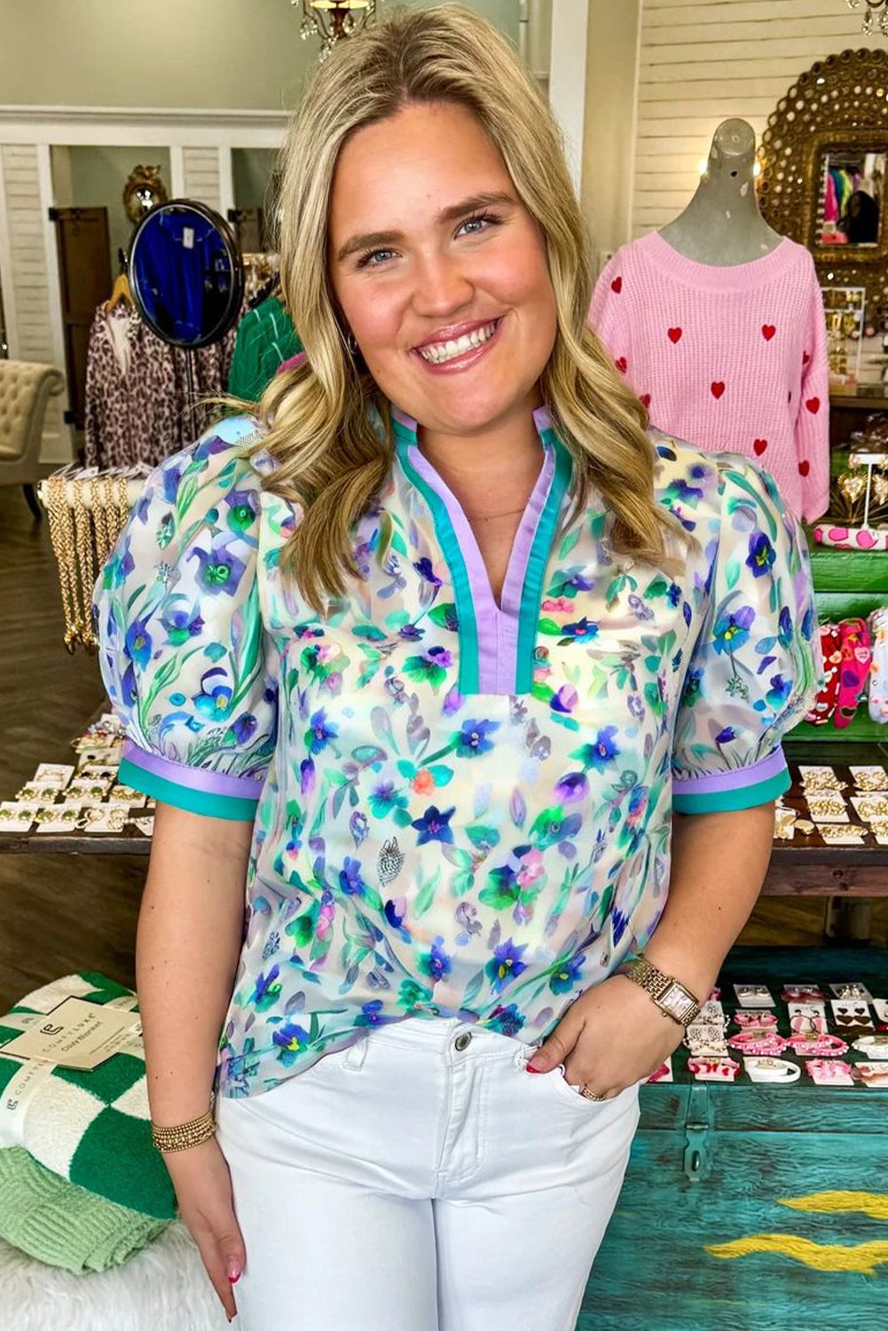Green Floral Print Pop of Color Split Neck Puff Sleeve Plus Size Blouse - Telah's Boutique