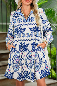 Blue Ethnic Print Pop of Color Neckline Long Sleeve Dress - Telah's Boutique