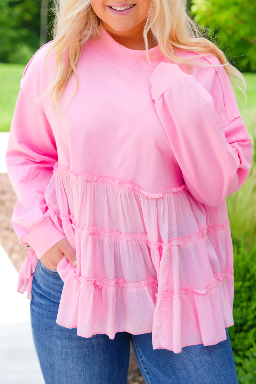 Pink Frill Tiered Patchwork Ribbed Trim Flowy Plus Size Top - Telah's Boutique