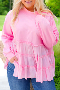 Pink Frill Tiered Patchwork Ribbed Trim Flowy Plus Size Top - Telah's Boutique