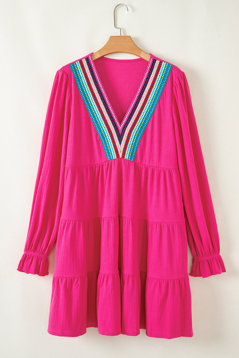 Rose Red Striped Textured Tiered Pop of Color Neckline Dress - Telah's Boutique
