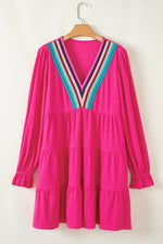 Load image into Gallery viewer, Rose Red Striped Textured Tiered Pop of Color Neckline Dress - Telah&#39;s Boutique
