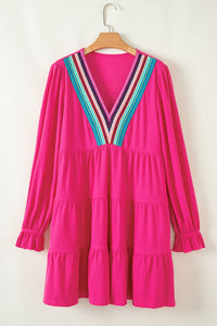 Rose Red Striped Textured Tiered Pop of Color Neckline Dress - Telah's Boutique