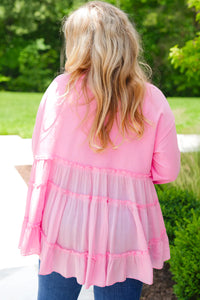 Pink Frill Tiered Patchwork Ribbed Trim Flowy Plus Size Top - Telah's Boutique