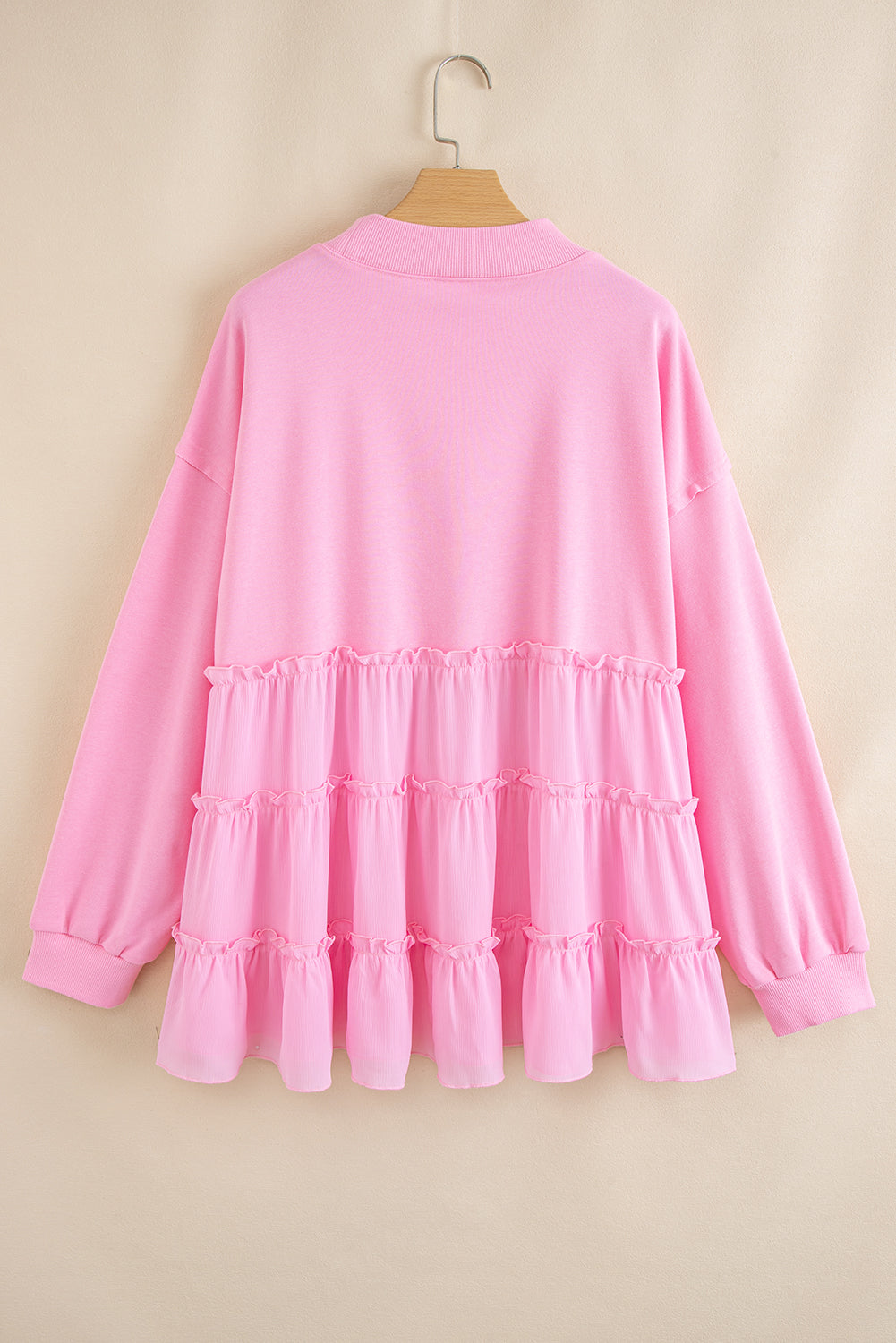 Pink Frill Tiered Patchwork Ribbed Trim Flowy Plus Size Top - Telah's Boutique